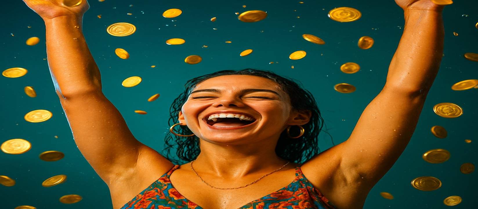মুদ্রার ঝরনার মাঝে রঙিন পোশাকে এক নারী